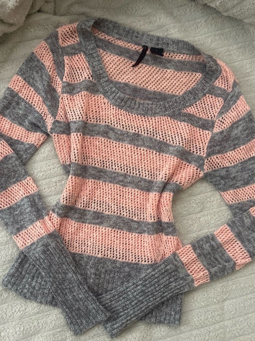 Y2K Women's Pink and Gray Striped Open-Knit Sweater